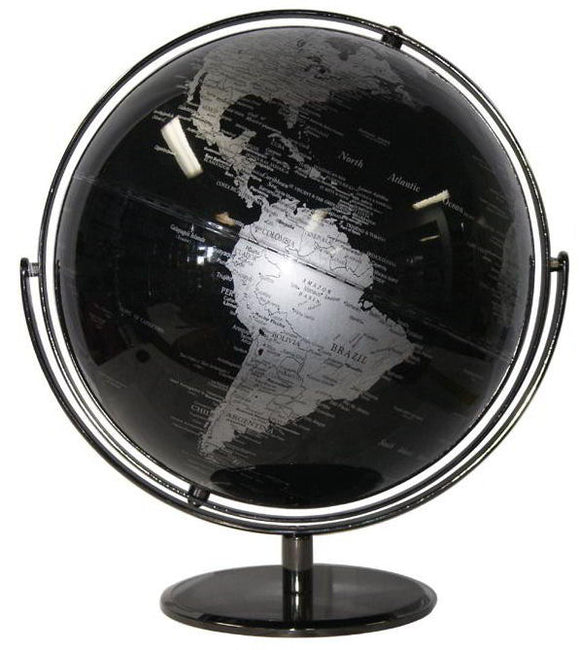 30 cm Black ocean globe with black chrome circle arm and base.<br><br> A surprisingly bright addition to most modern environments.<br><br>  Size Dia 30 x Ht 41 cm